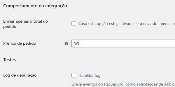 Configurar Pagamento PagSeguro: prefixo de pedido e logs