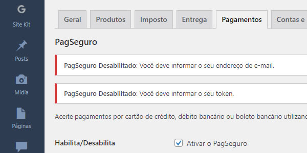 Configurar Pagamento PagSeguro: Status de funcionamento.