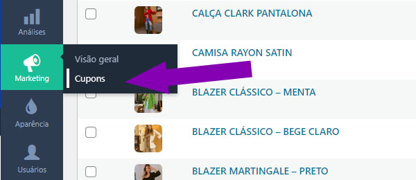 woocommerce cupom desconto primeira compra: Marketing -> Cupons